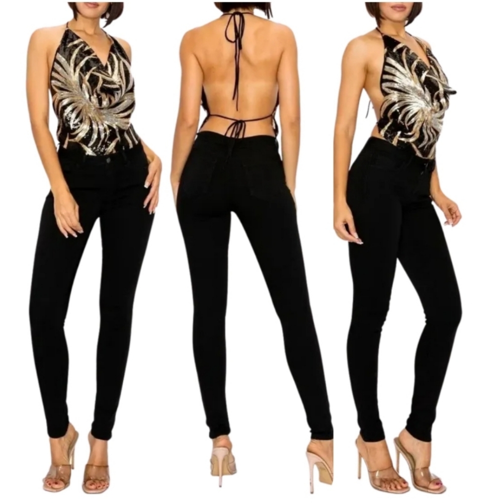 Sparkling Leaf Sequined Sleeves Halter Top - Picture 2 of 4